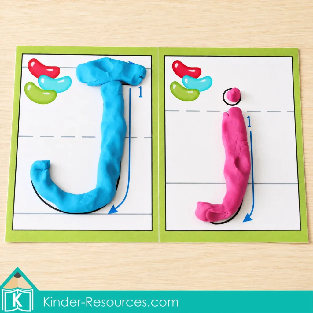 Preschool Letter J activities using blue and pink play dough to form uppercase and lowercase J on reusable alphabet mats.
