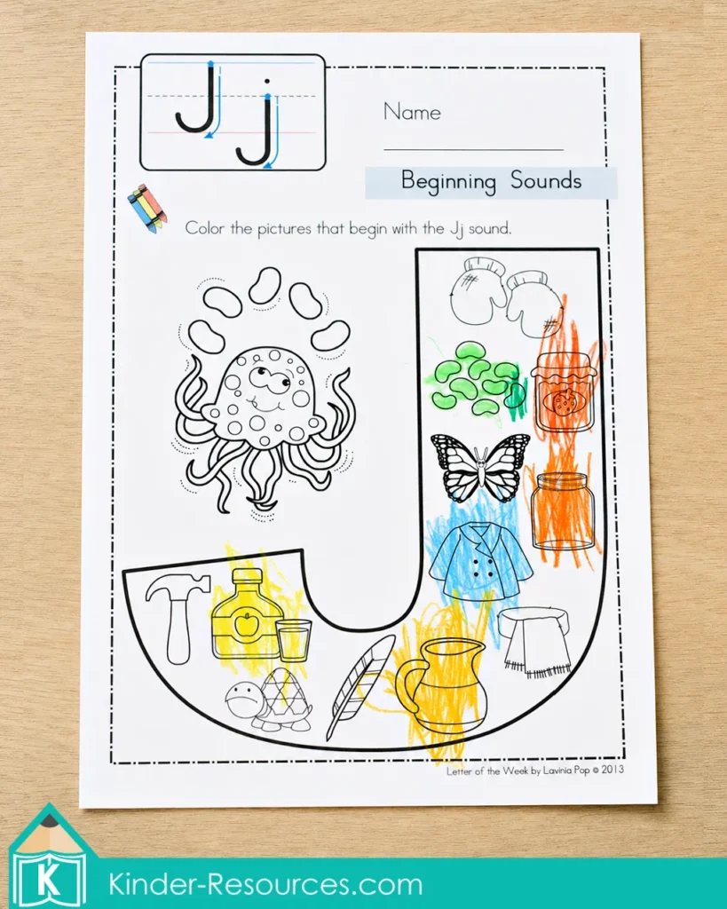 Preschool Letter J activities with a beginning sounds coloring worksheet for identifying pictures that start with J, phonemic awareness, and alphabet recognition.