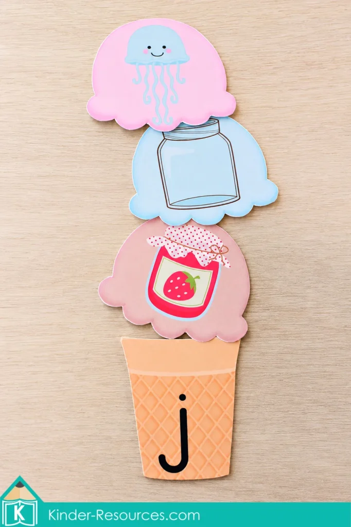 Preschool Letter J ice cream scoop activity with jellyfish, jar, and jam picture scoops stacked above a lowercase j cone.