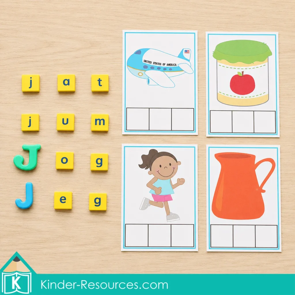 Preschool letter J picture cards and letters ready to build jet, jam, jog, and jug.