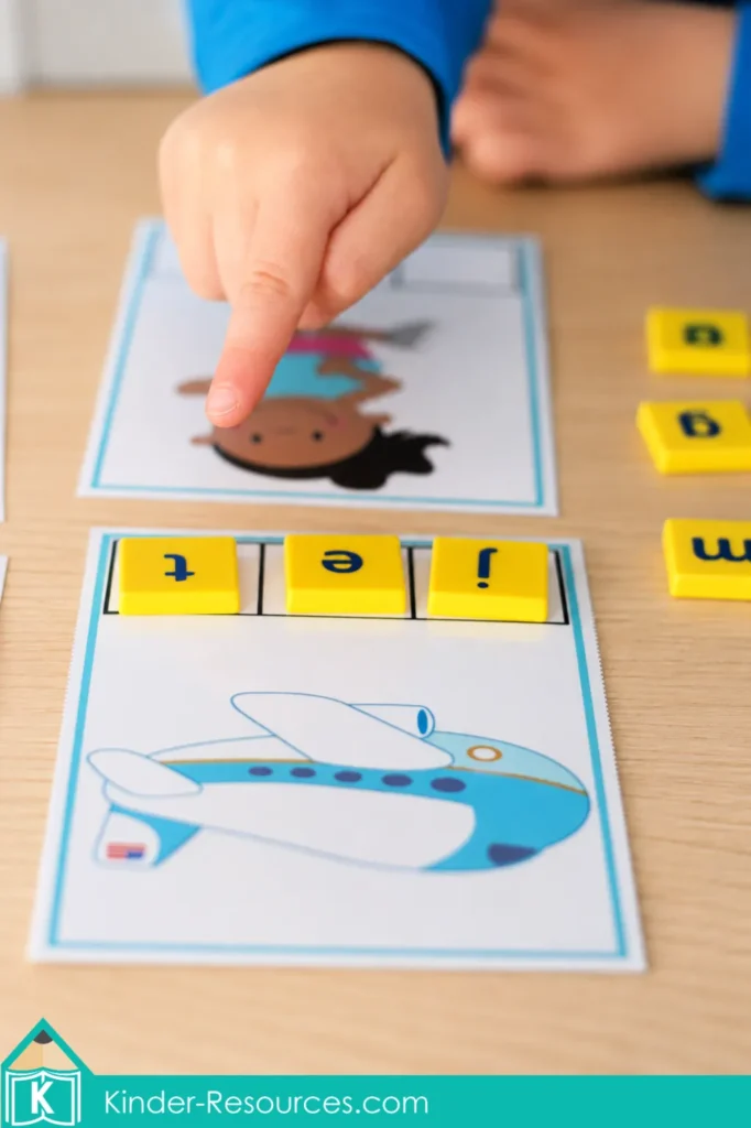 Preschool letter J word building cards with magnetic letters spelling jet, jam, jug, and jog.