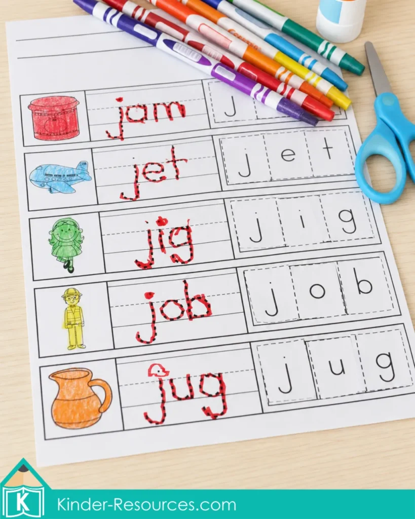 Completed preschool letter J worksheet with the words jam, jet, jig, job, and jug beside matching pictures.