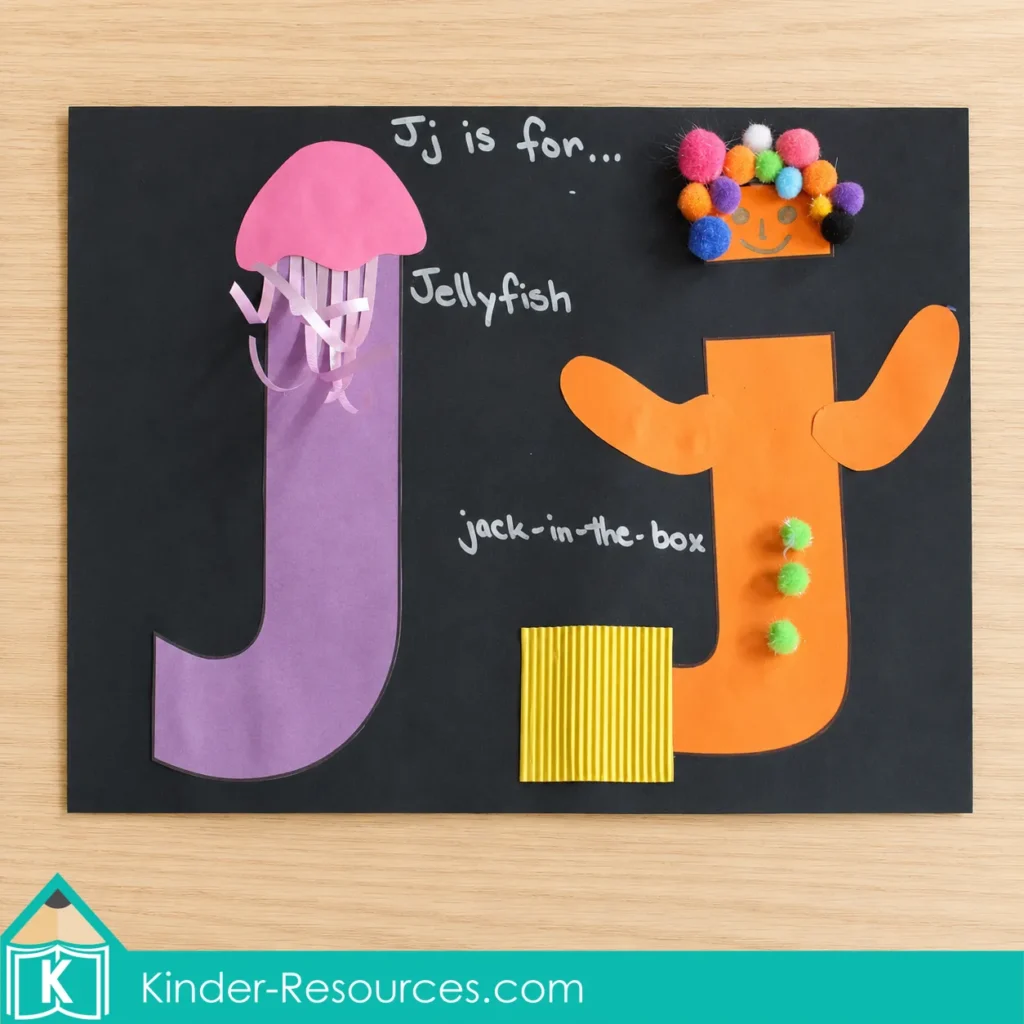 Preschool letter J craft with jellyfish and jack in the box decorations made from paper, pom poms, and corrugated card.