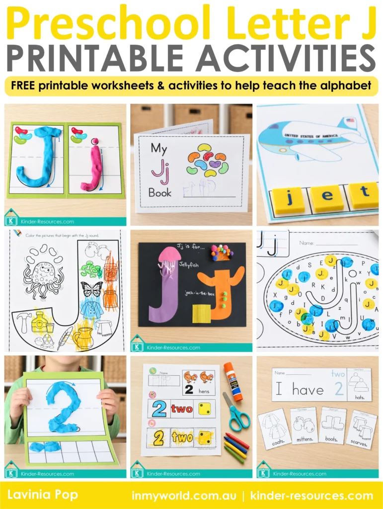 Preschool Letter J printable activities featuring play dough letter formation, a mini book, CVC word building, letter worksheets, crafts and number 2 activities.