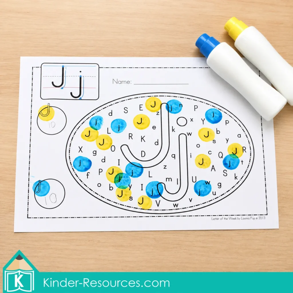 Preschool Letter J activities with a letter find bingo dabber worksheet for uppercase and lowercase recognition, visual discrimination, and fine motor practice.