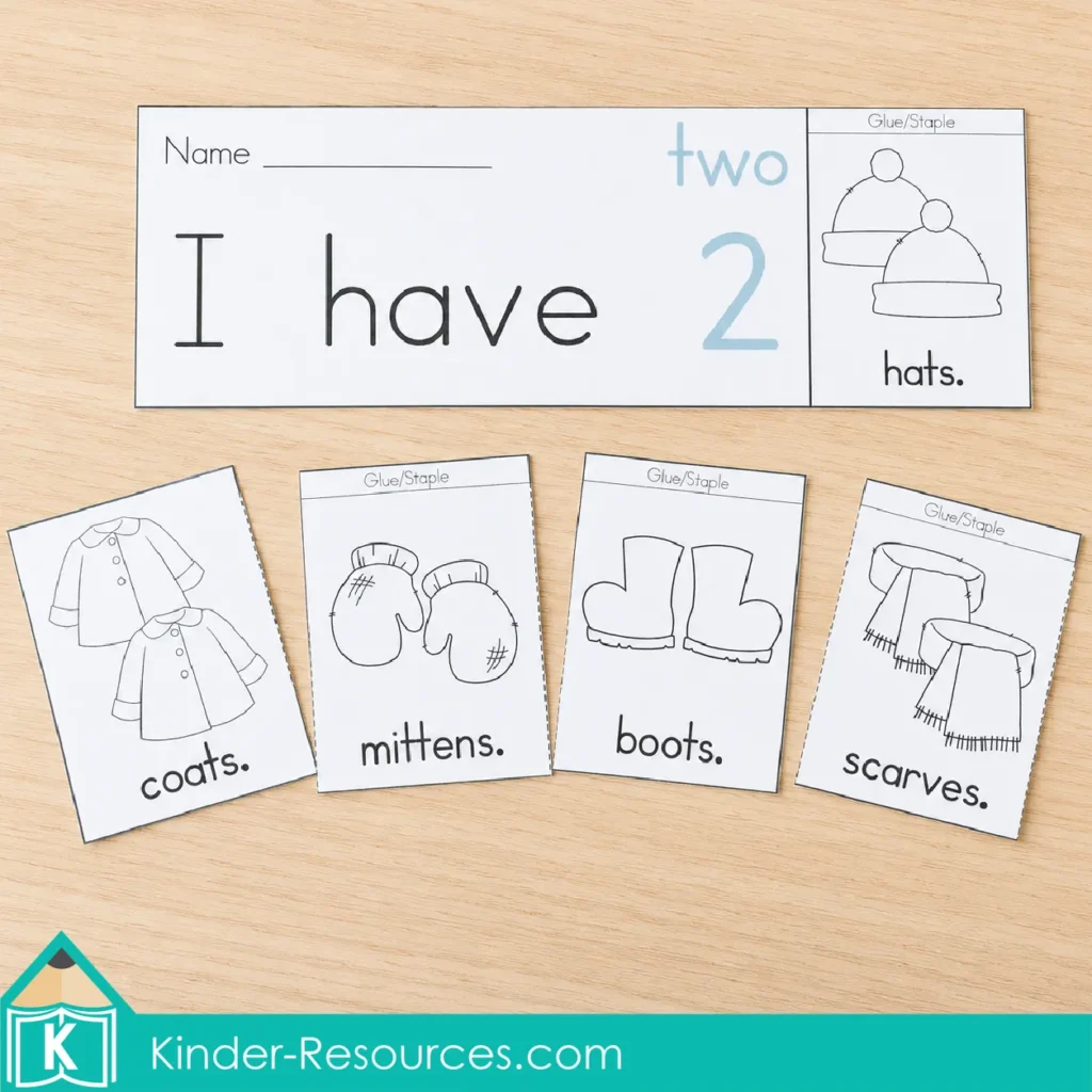 Preschool number 2 activity with the sentence “I have 2 hats” and clothing picture cards for coats, mittens, boots, and scarves.