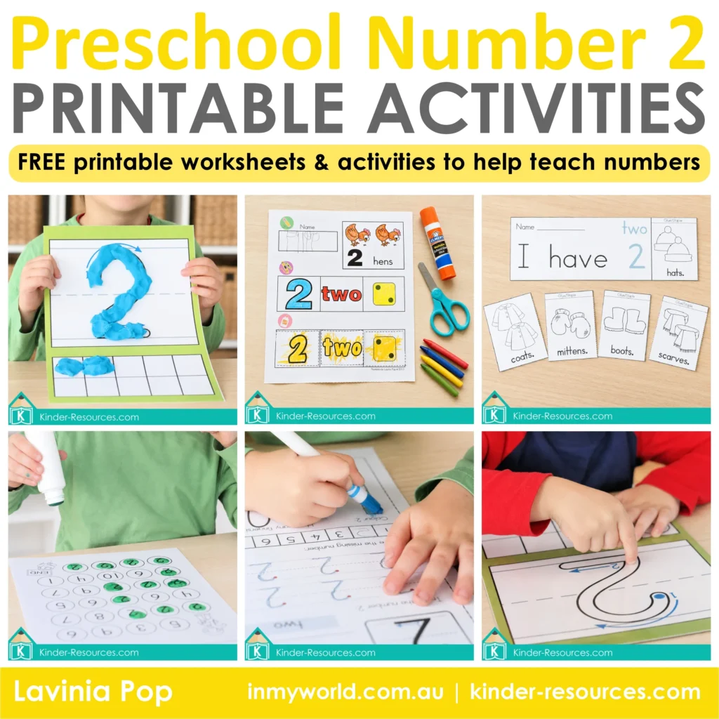 Preschool Number 2 activities featuring play dough formation, counting worksheets, a number maze, tracing practice and a number sentence activity.