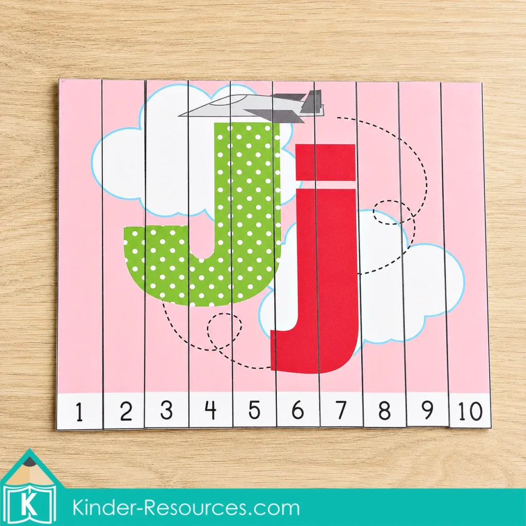 Preschool Letter J activities with a number order puzzle from 1 to 10 for practicing sequencing, numeral recognition, and alphabet learning.