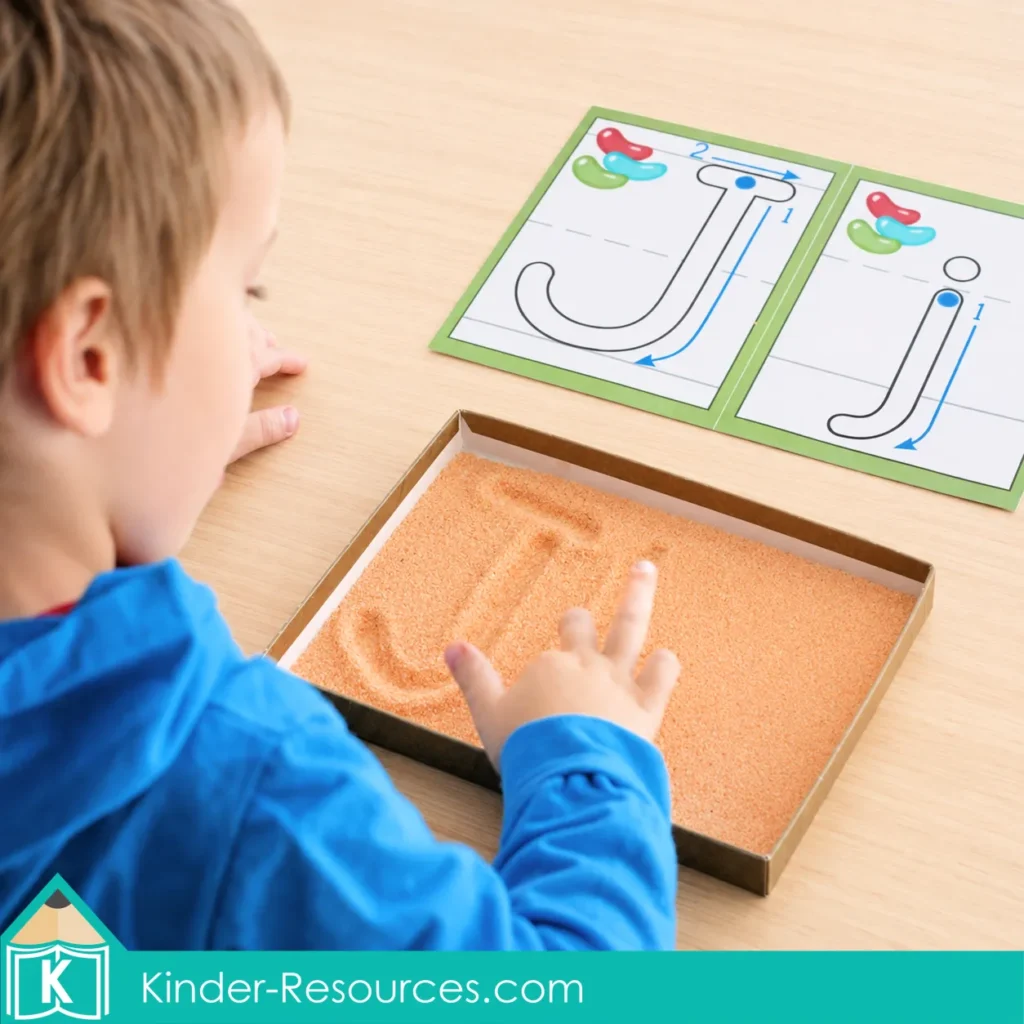 Child finger tracing uppercase J in light peach sand for a preschool letter J handwriting activity.