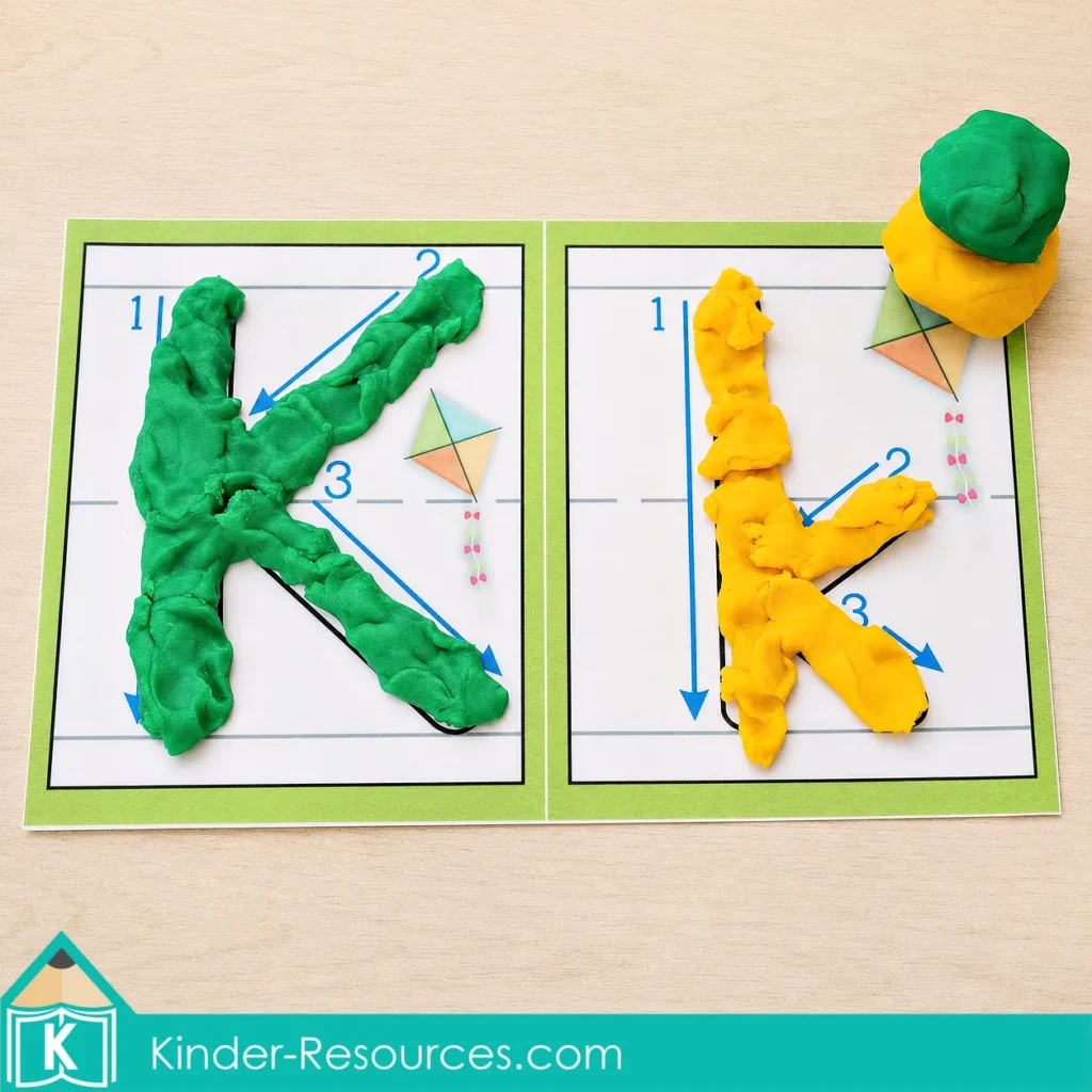 Uppercase and lowercase K play dough mats completed with lumpy green and yellow play dough for preschool letter K formation practice.