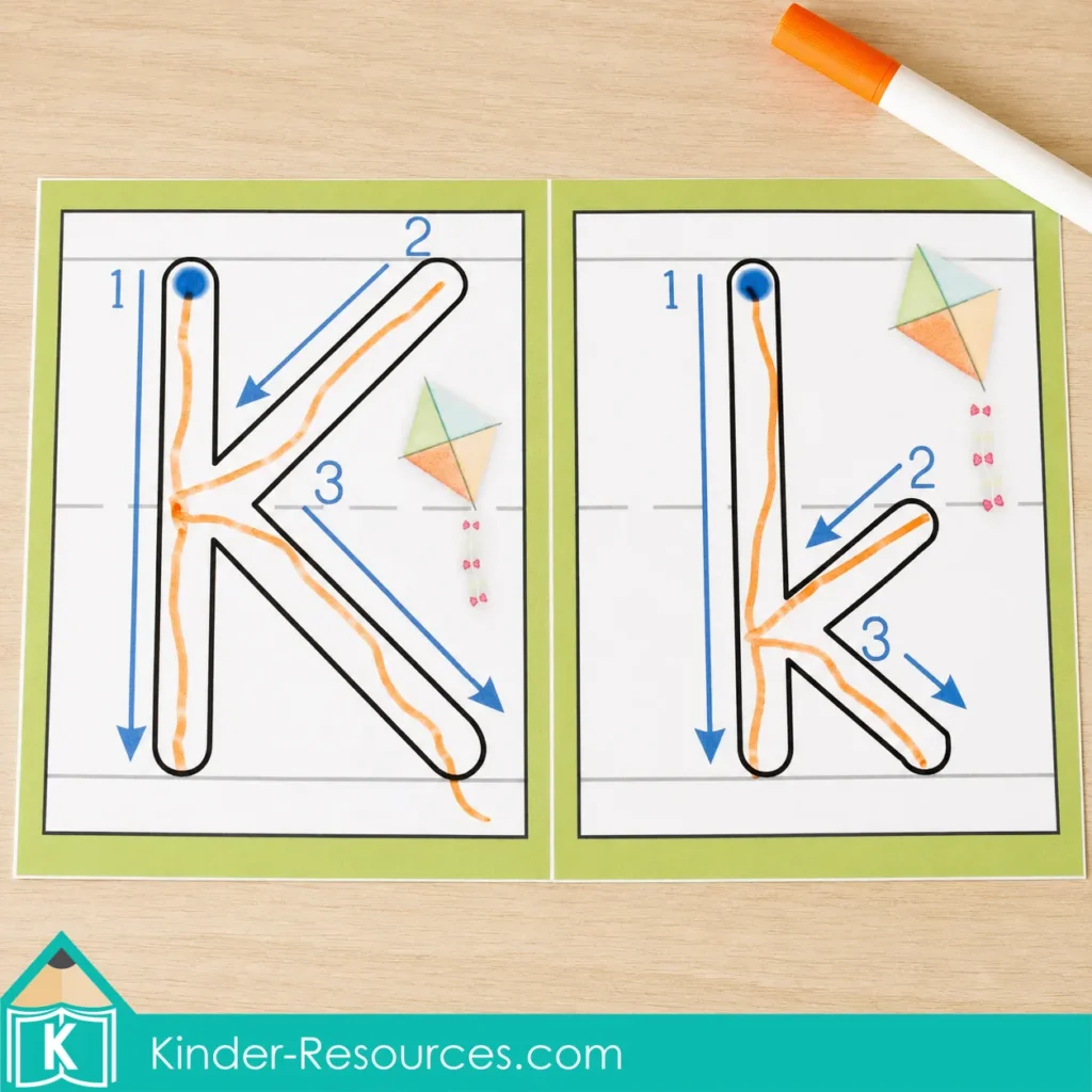 Preschool letter K formation mats for tracing uppercase and lowercase K with numbered handwriting arrows and dry erase marker practice.