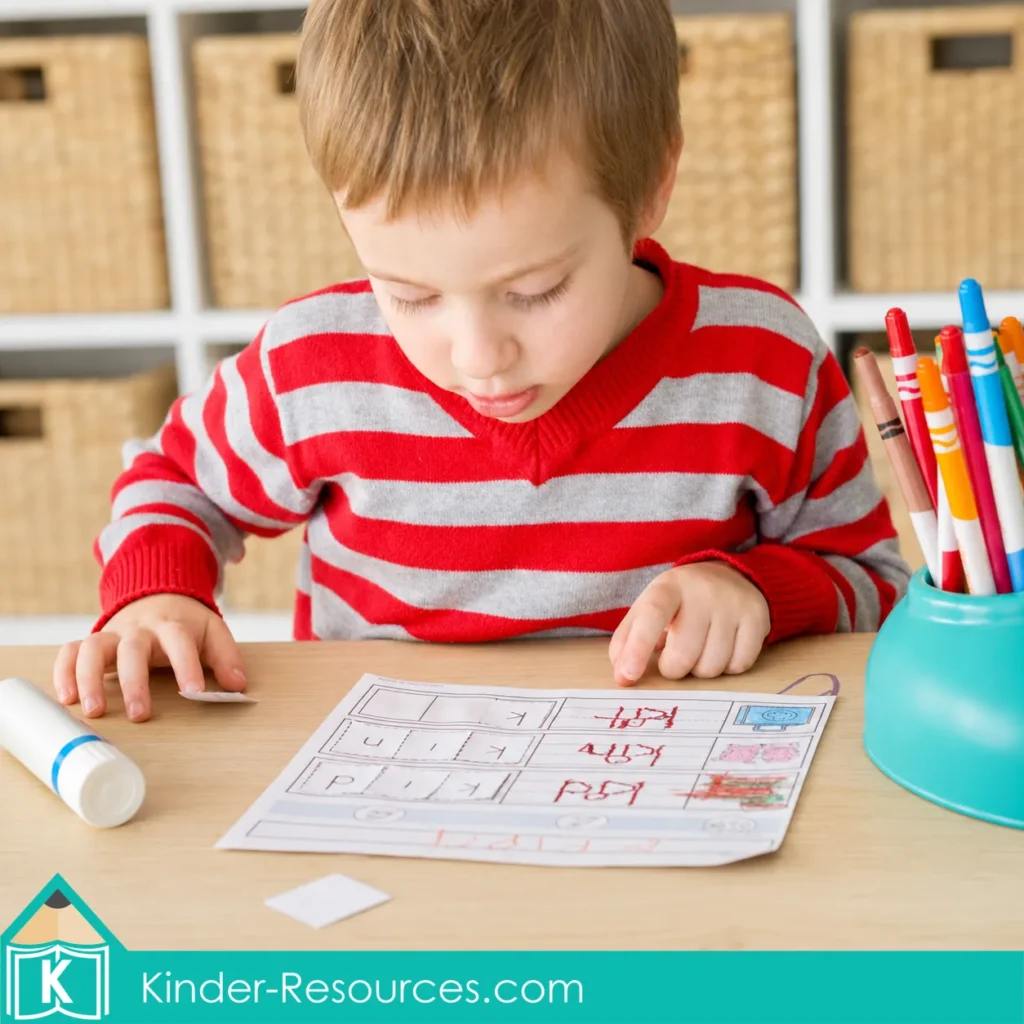 Child completing a preschool letter K cut and paste worksheet with picture vocabulary, handwriting, and beginning sound practice.