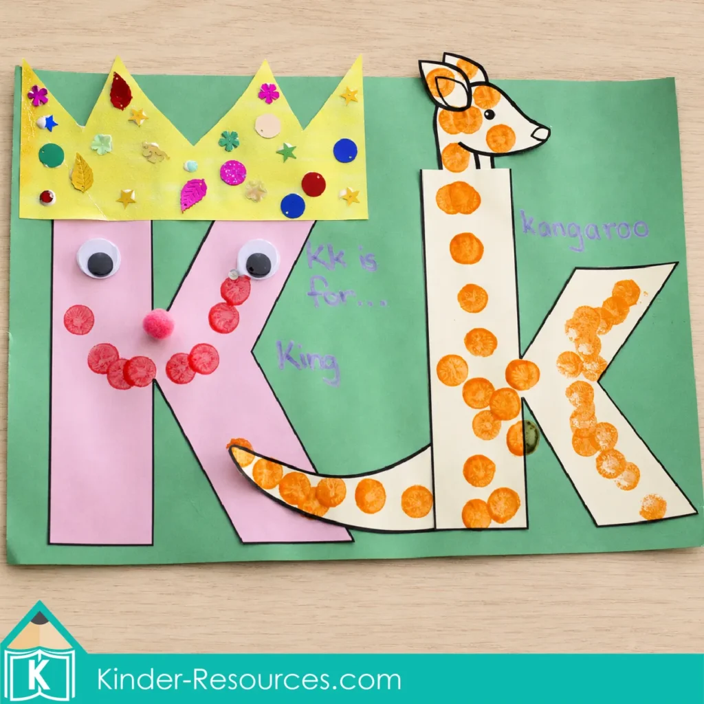 Handmade preschool letter K craft combining a decorated K king and orange-spotted K kangaroo for alphabet art and beginning sound practice.