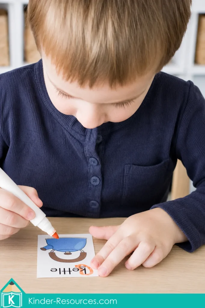 Child circling the beginning letter K on a kettle picture card during a preschool letter K phonics and letter recognition activity.