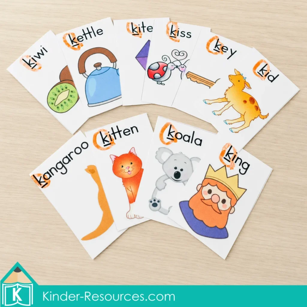 Preschool letter K beginning sound picture cards with kiwi, kettle, kite, key, kangaroo, kitten, koala, and other K vocabulary.