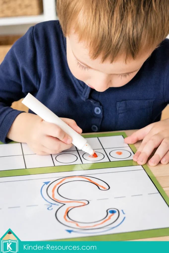 Child using an orange dry erase marker on a number formation mat during a preschool number 3 handwriting activity.