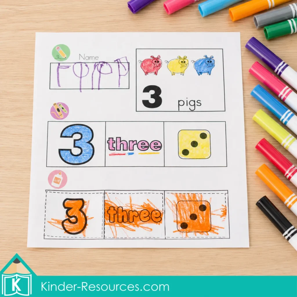 Completed preschool number 3 worksheet with three pigs, numeral 3, number word three, and a three-dot die for number representation practice.