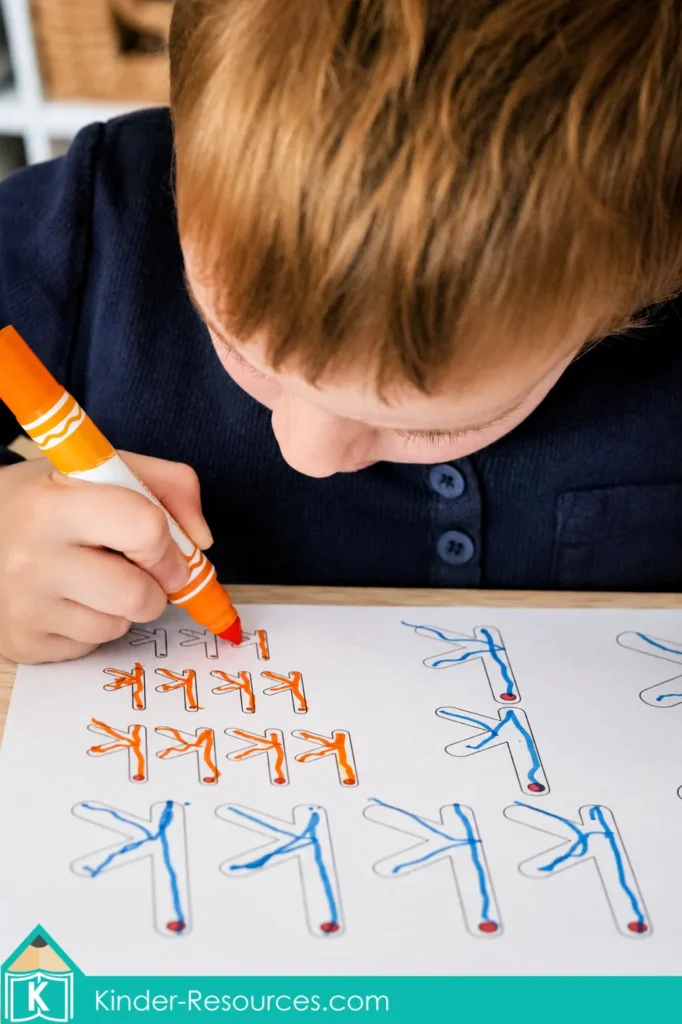 Child tracing repeated uppercase K letters with an orange marker during a preschool letter K handwriting and letter formation activity.