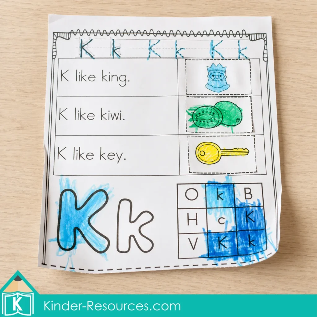 Completed preschool letter K worksheet with K handwriting, king, kiwi, and key vocabulary, letter recognition, coloring, and matching activities.