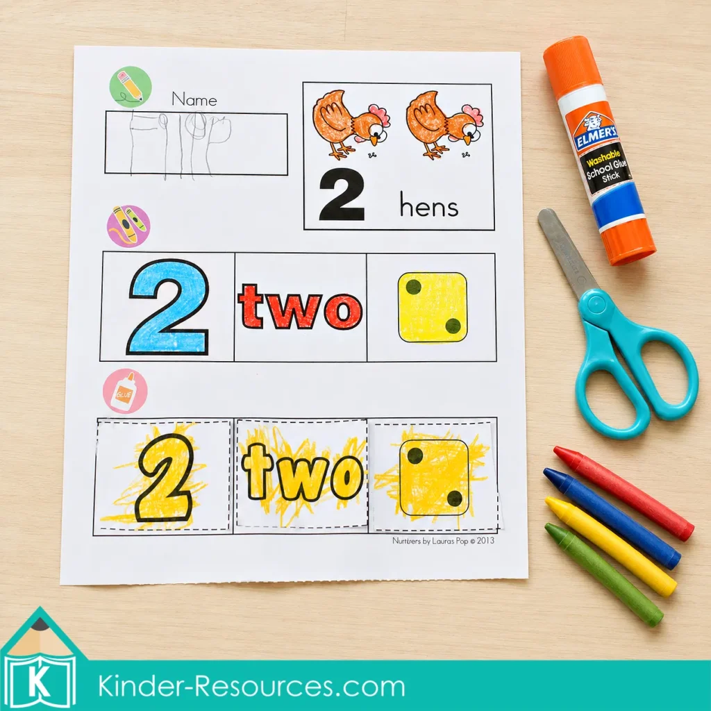 Preschool Letter J activities with a number 2 cut and paste worksheet for matching numerals, number words, quantities, and counting representations.