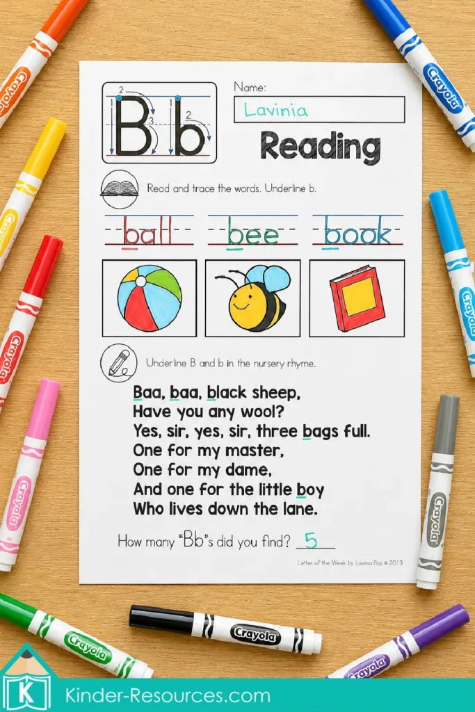 Letter B reading worksheet for kindergarten phonics with vocabulary tracing, uppercase and lowercase letter identification, nursery rhyme letter hunt, and early literacy practice.