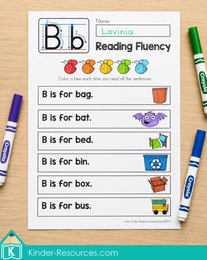 Letter B reading fluency worksheet for kindergarten phonics with predictable sentences, beginning sound vocabulary, CVC word practice, and early reading fluency.
