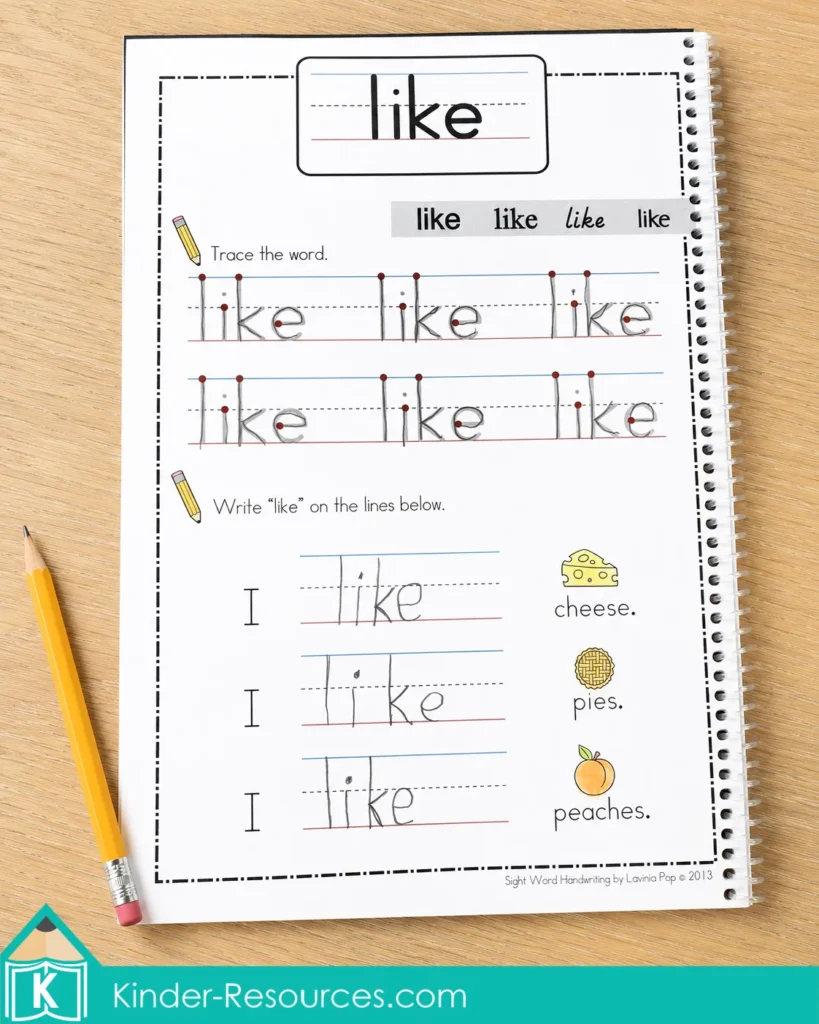 Sight word “like” handwriting worksheet for kindergarten and homeschool literacy, with word tracing, independent writing, handwriting lines, and simple sentence practice.