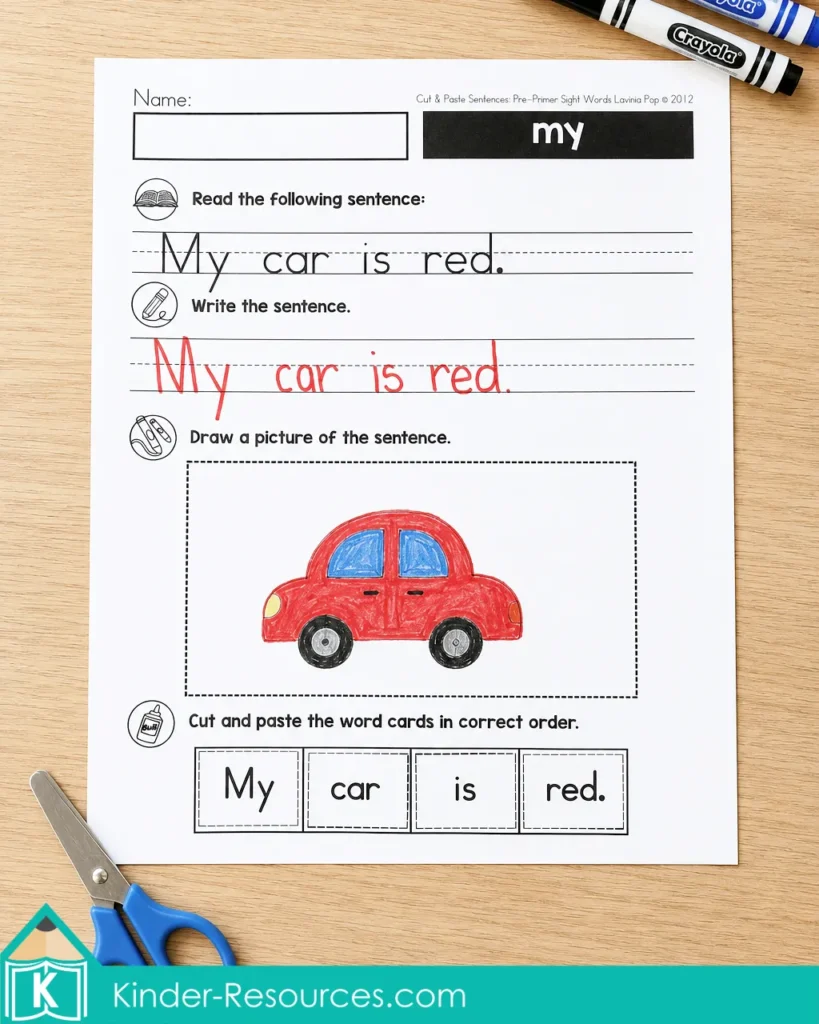 Sight word sentence building worksheet for kindergarten and homeschool literacy practice, with reading, handwriting, drawing, and cut and paste activities for the sentence “My car is red.”