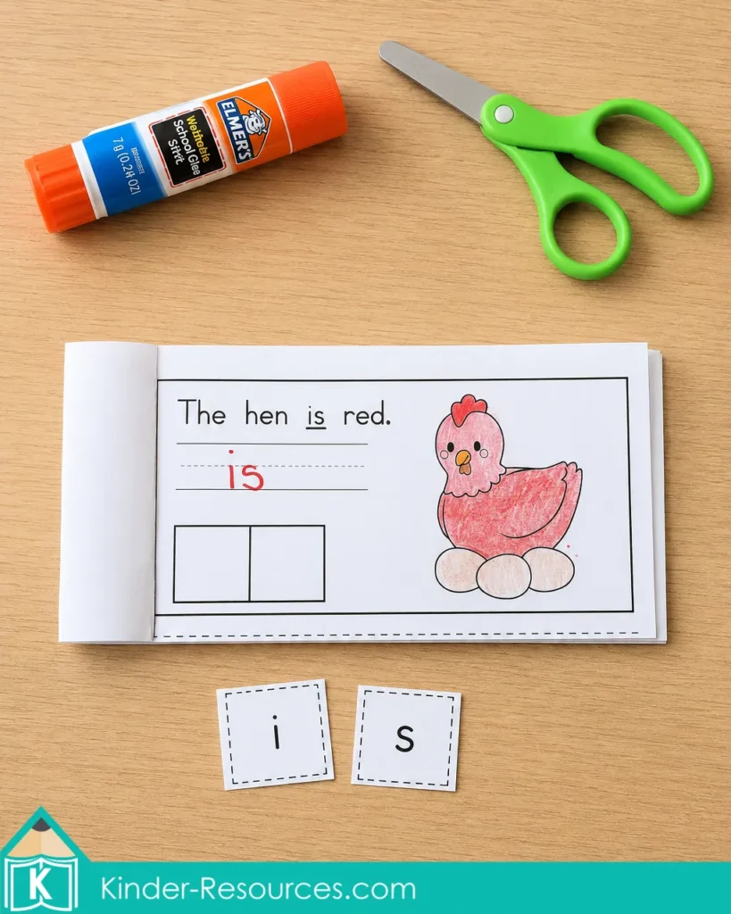 Sight word “is” building booklet for kindergarten and homeschool literacy, with sentence reading, handwriting, picture coloring, and cut and paste letter tiles.
