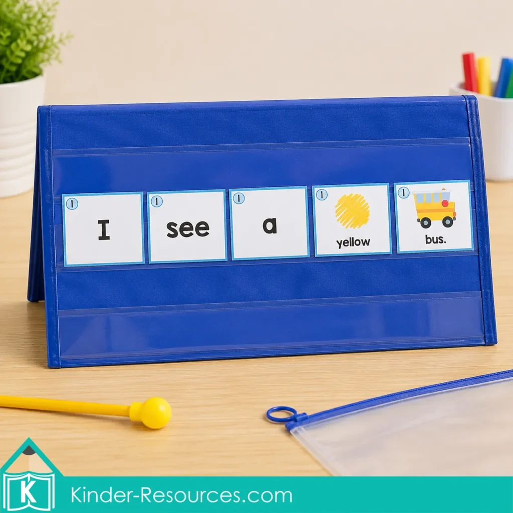 Picture-supported word cards arranged in a blue pocket chart to build the sentence “I see a yellow bus.” during a back-to-school literacy activity.