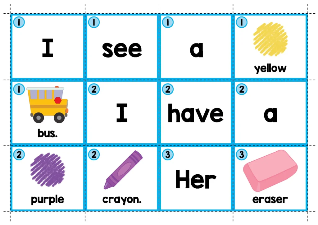Printable Back to School Sentence Scramble cards with numbered words, color swatches and school pictures for building sentences about a yellow bus, purple crayon and pink eraser.