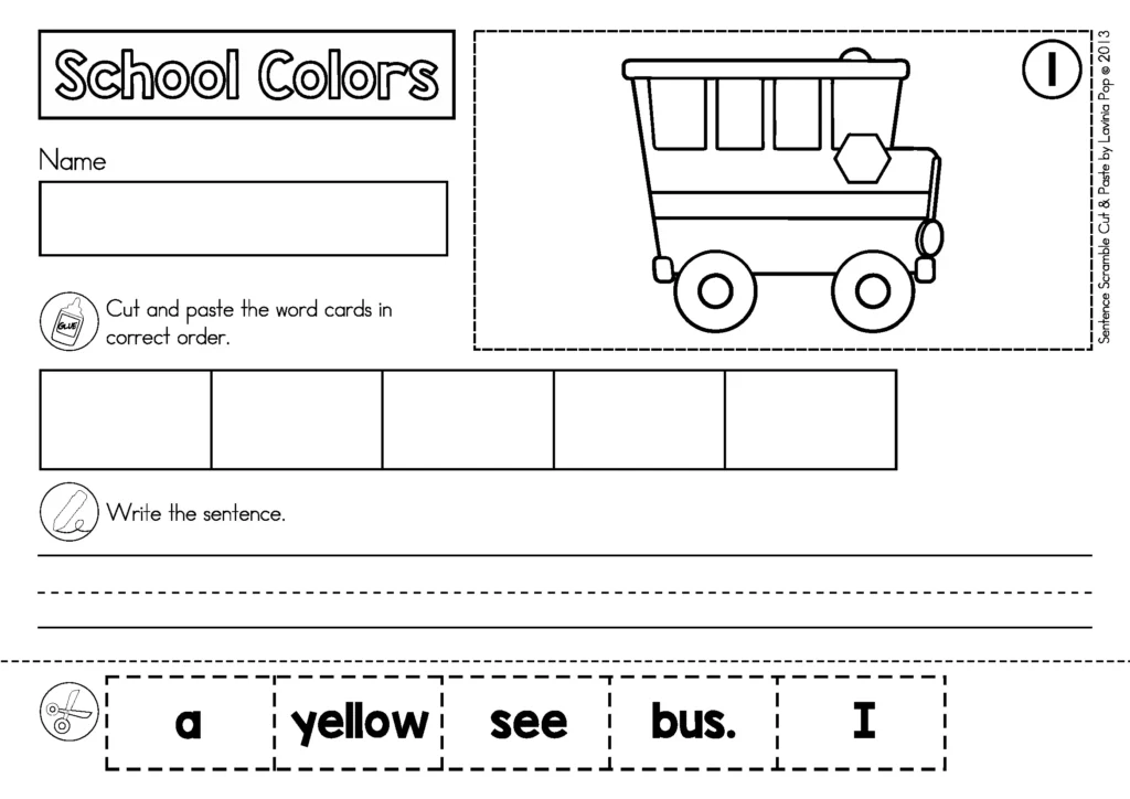 Independent Back to School Sentence Scramble worksheet featuring a school bus picture, five empty sentence boxes, handwriting lines and scrambled word cards.