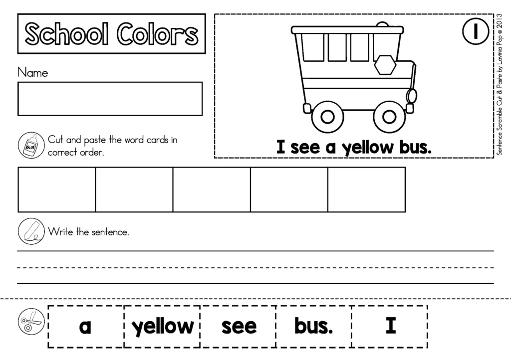 Supported sentence scramble worksheet featuring a school bus picture, the model sentence “I see a yellow bus,” five sentence boxes and cut-apart word cards.