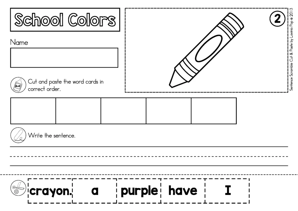 Independent cut-and-paste sentence scramble worksheet featuring a crayon picture, five empty sentence boxes, handwriting lines and scrambled words for “I have a purple crayon.”