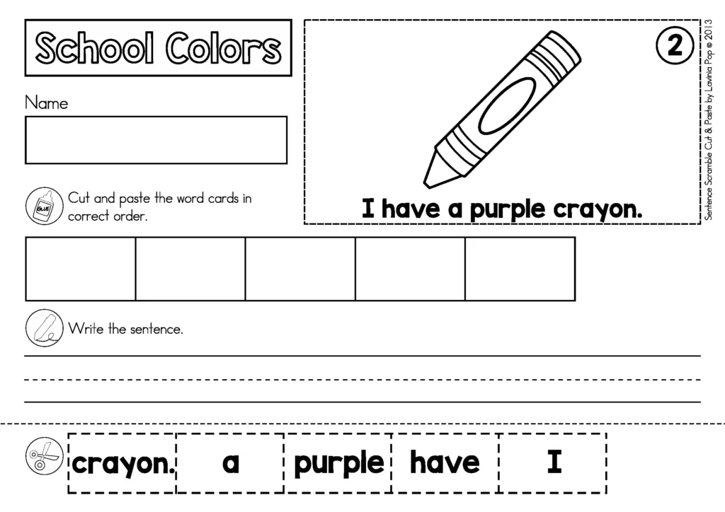 Supported cut-and-paste sentence scramble worksheet featuring a crayon picture, the model sentence “I have a purple crayon,” writing lines and scrambled word cards.