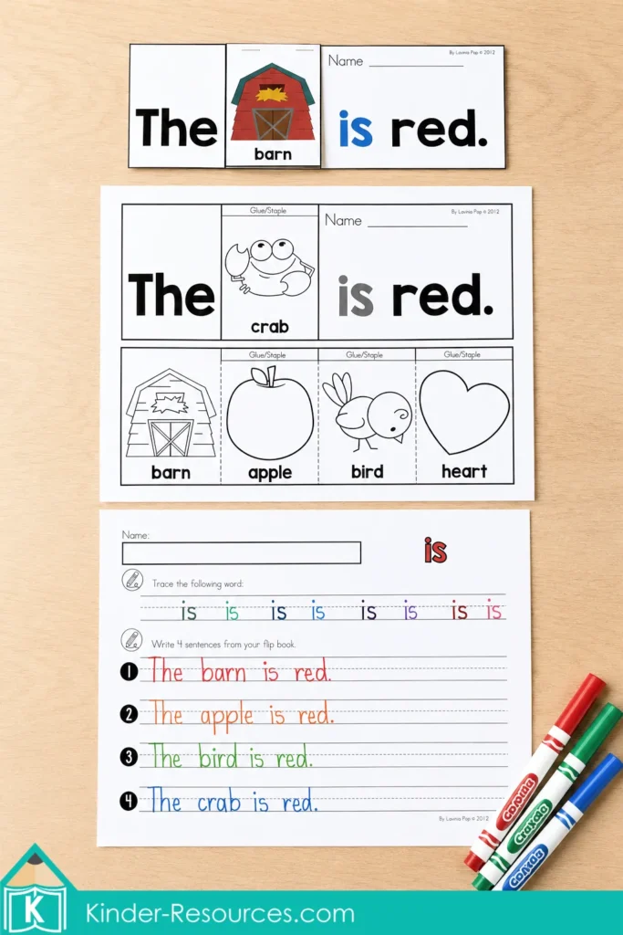 Sight word “is” flip book and worksheet for kindergarten and homeschool literacy, with a printable template, word tracing, sentence building, and handwriting practice.