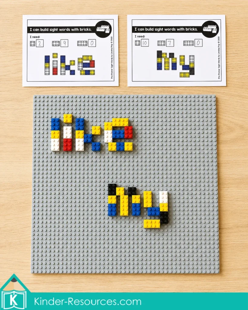 Hands on sight word building activity for kindergarten and homeschool literacy centers, using colorful building bricks to spell the words “like” and “my.”