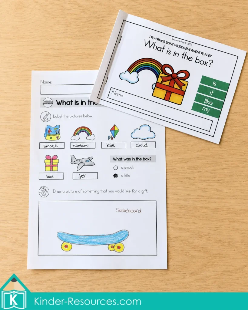 Sight word emergent reader and comprehension worksheet for kindergarten and homeschool literacy, with picture labeling, reading comprehension, and a child drawn response.