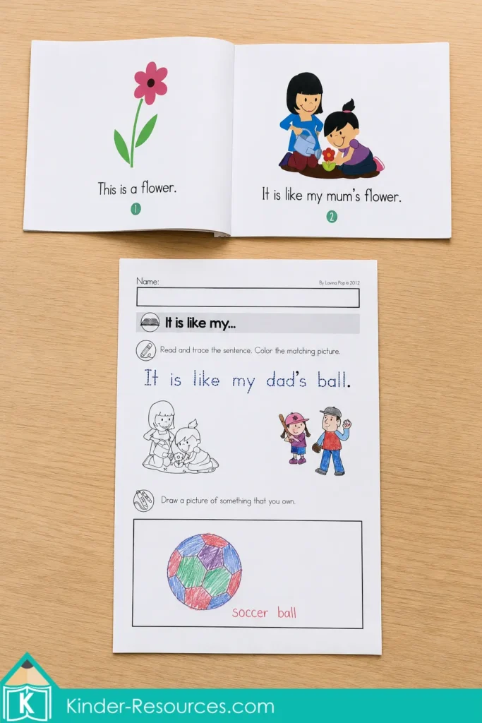 Kindergarten sight word reader and sentence tracing worksheet for homeschool and classroom literacy, with reading comprehension, picture matching, and drawing practice.