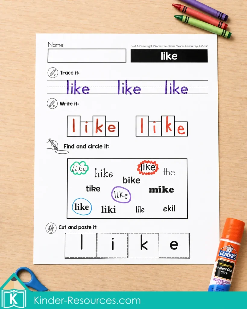 Sight word “like” worksheet for kindergarten and homeschool literacy practice, with tracing, writing, word recognition, coloring, and cut and paste activities.