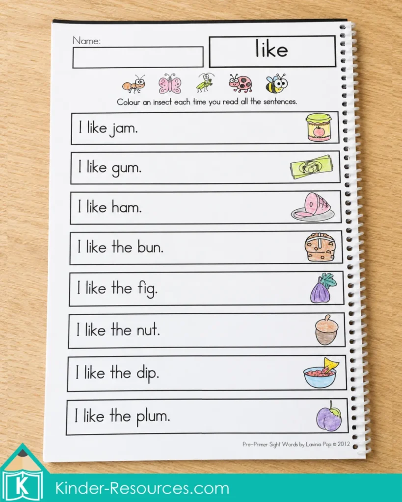 Sight word fluency reading booklet for kindergarten and homeschool literacy practice, with repeated reading sentences using the sight word “like,” picture prompts, and a reading tracker.