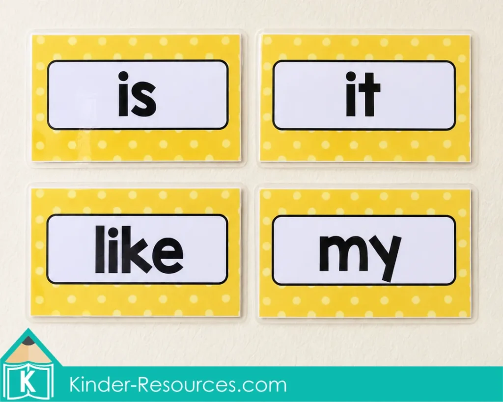 Laminated kindergarten sight word wall cards for the focus words is, it, like, and my, suitable for classroom displays, homeschool reading lessons, and early literacy practice.