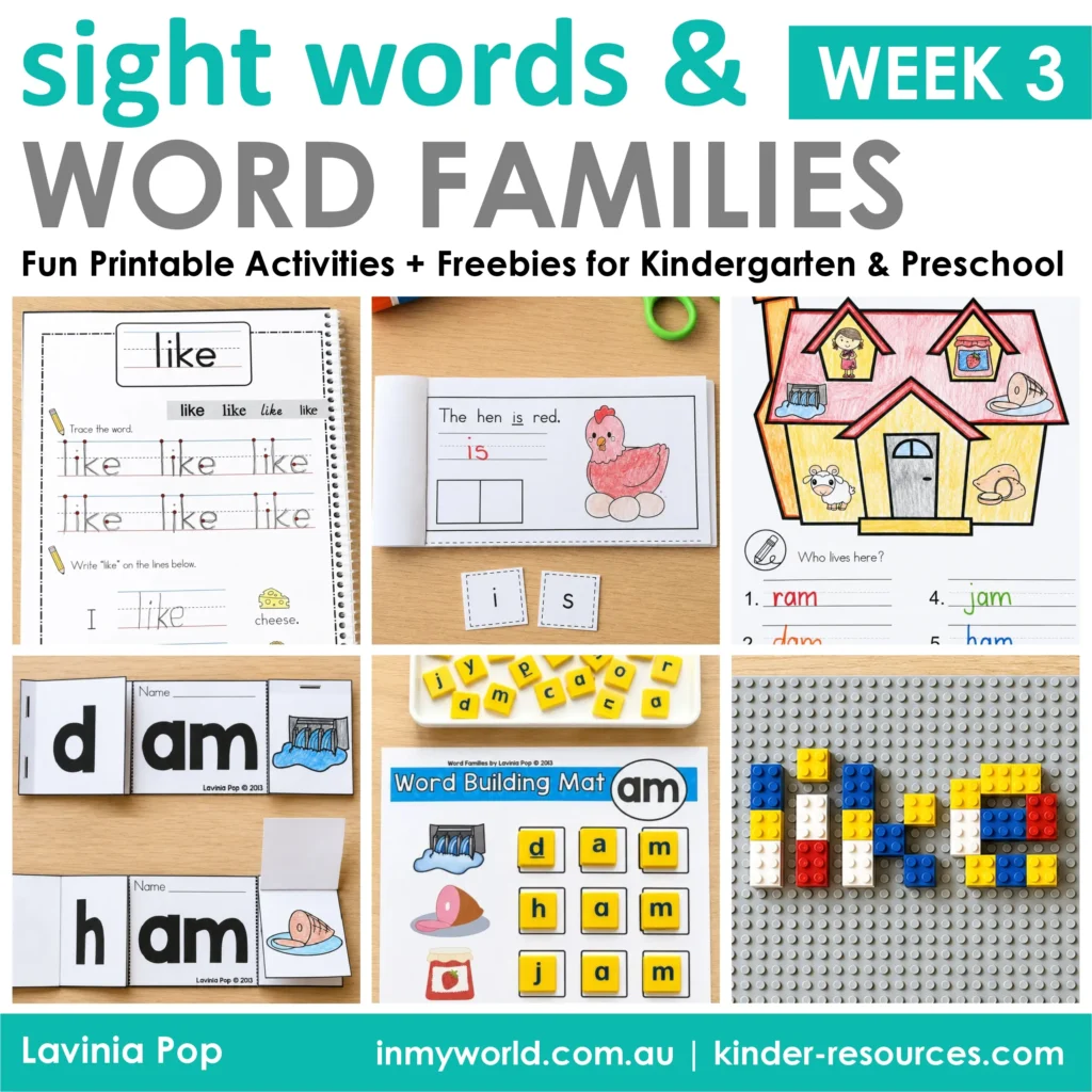 Sight words and word families Week 3 printable activities for preschool, kindergarten, and homeschool phonics, including AM word family worksheets, flip books, handwriting, and word building.
