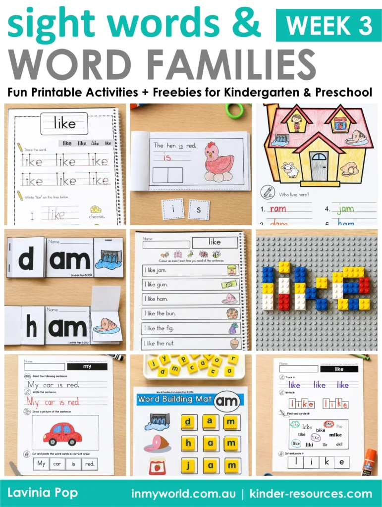 Kindergarten sight words and AM word family printable activities with handwriting worksheets, emergent readers, sentence practice, letter tiles, building bricks, and phonics freebies.