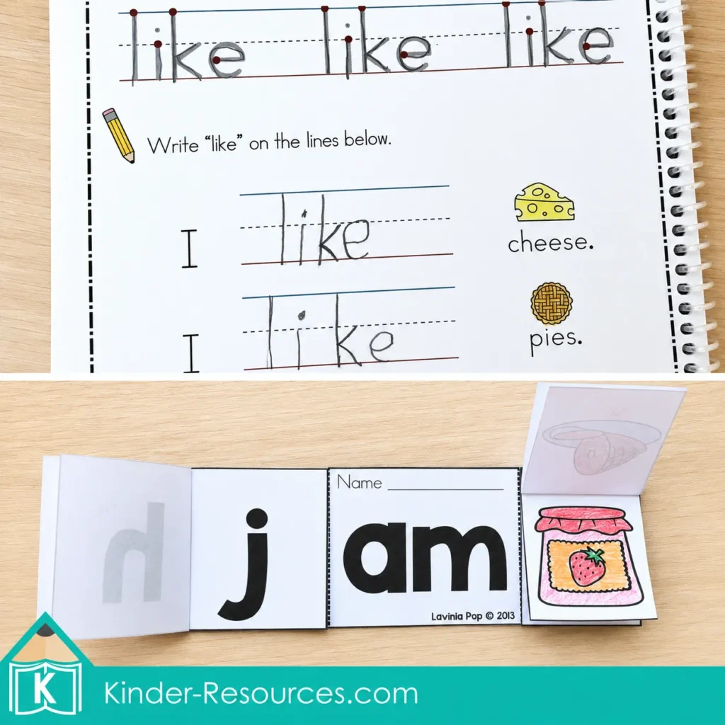 Sight word “like” handwriting practice and AM word family flip flap book for kindergarten phonics, CVC word building, early reading, and homeschool literacy.