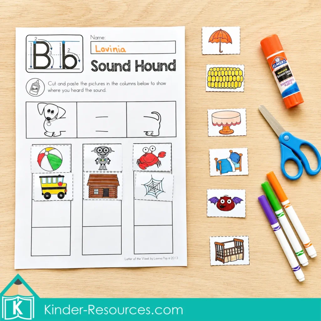 Free Printable Sound Hound worksheet for sorting words by the position of the /b/ sound from the Phonics Letter of the Week B packet.