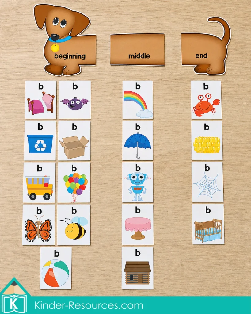 FREE Letter B phonics sorting activity with beginning, middle, and end sound cards from the Phonics Letter of the Week B packet.