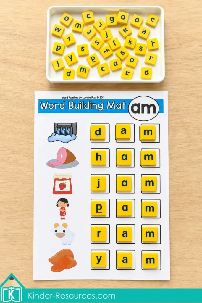 AM word family magnetic letter activity for kindergarten phonics and homeschool literacy centers, using yellow letter tiles to build dam, ham, jam, Pam, ram, and yam.