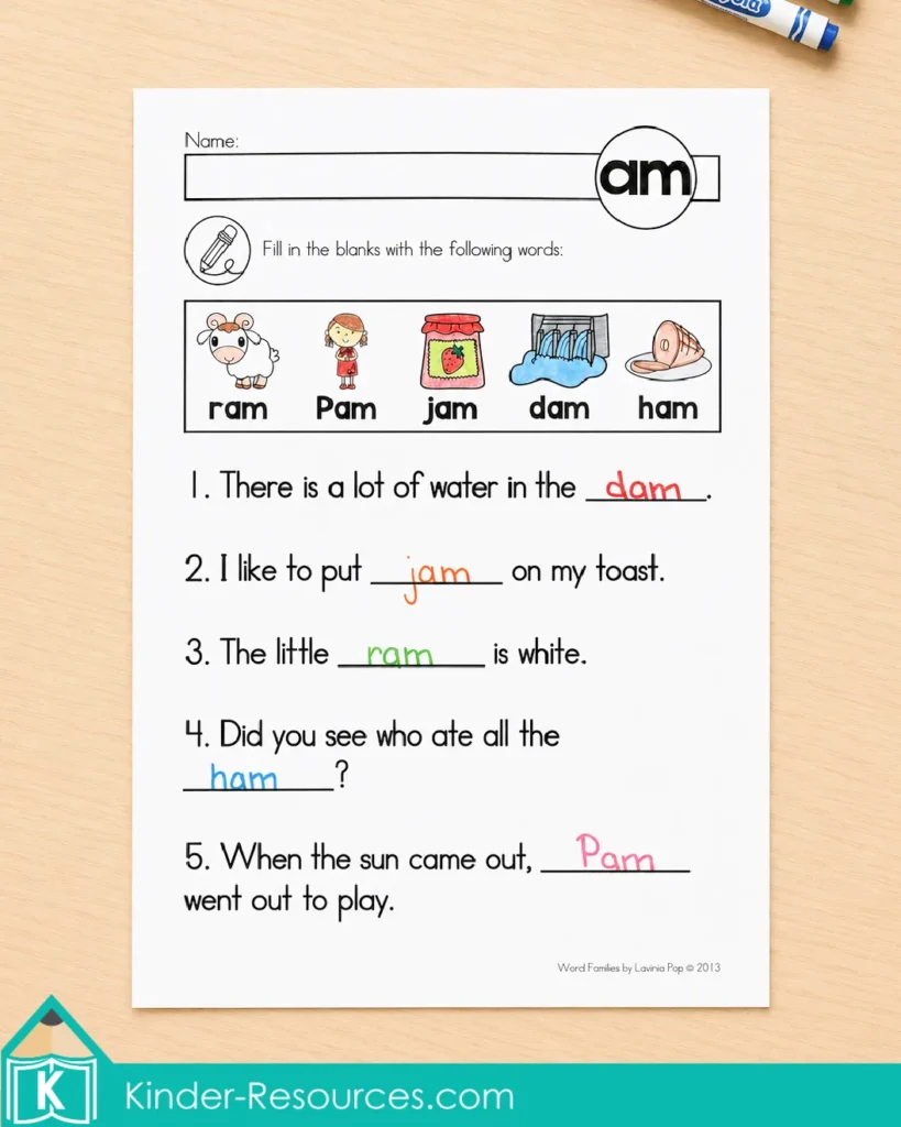 AM word family fill in the blanks worksheet for kindergarten phonics and homeschool reading practice with picture clues, CVC words, and sentence completion.