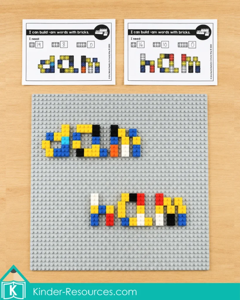 AM word family LEGO activity for kindergarten and homeschool phonics, with printable task cards and colorful bricks building the words dam and ham.